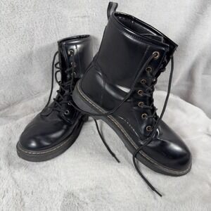 Womens Black Faux Leather Combat Boots Lace Up Ankle Boots Chunky Sole Riding